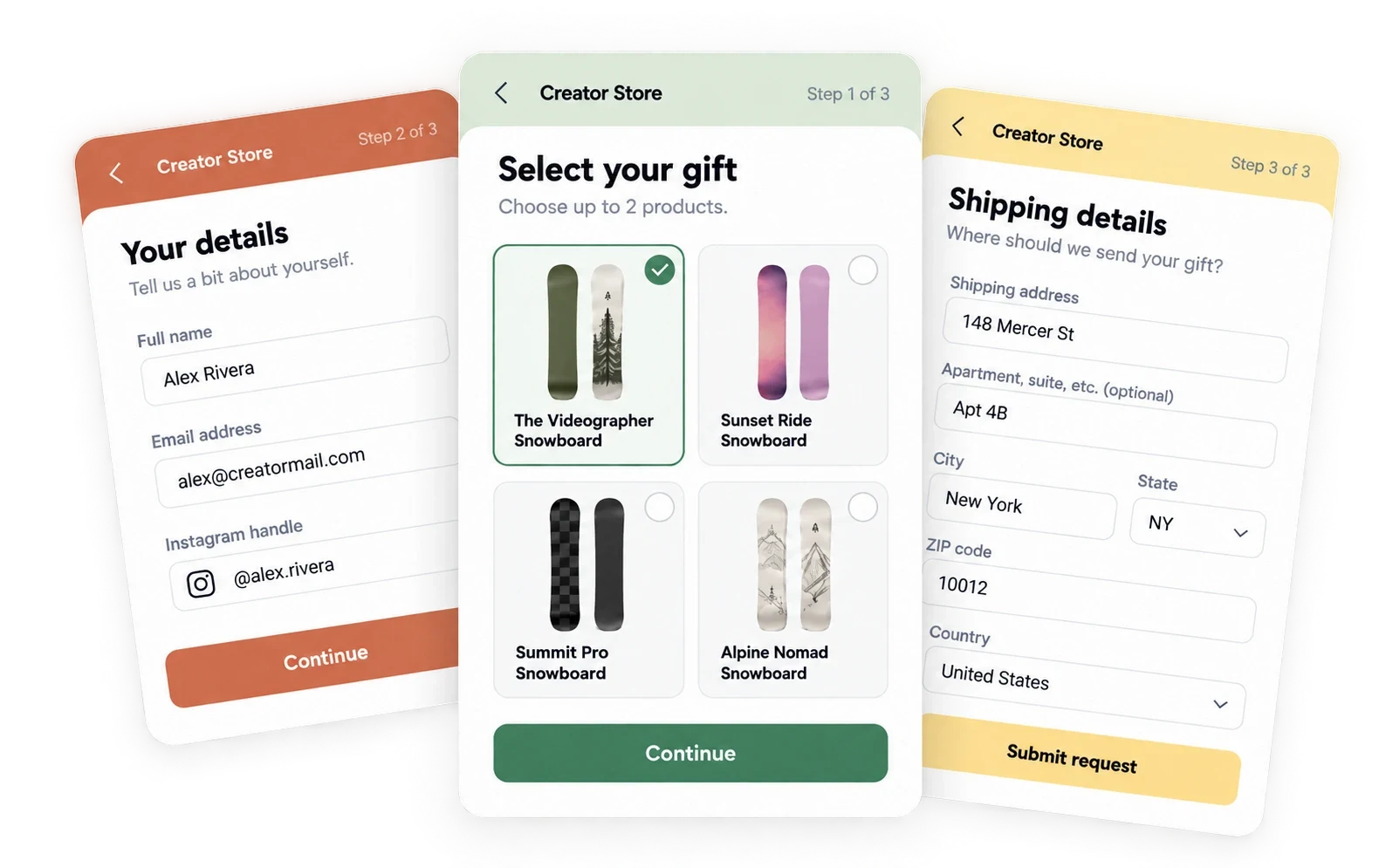 A branded gifting form: creator details, pick a gift from the Shopify catalog, shipping details